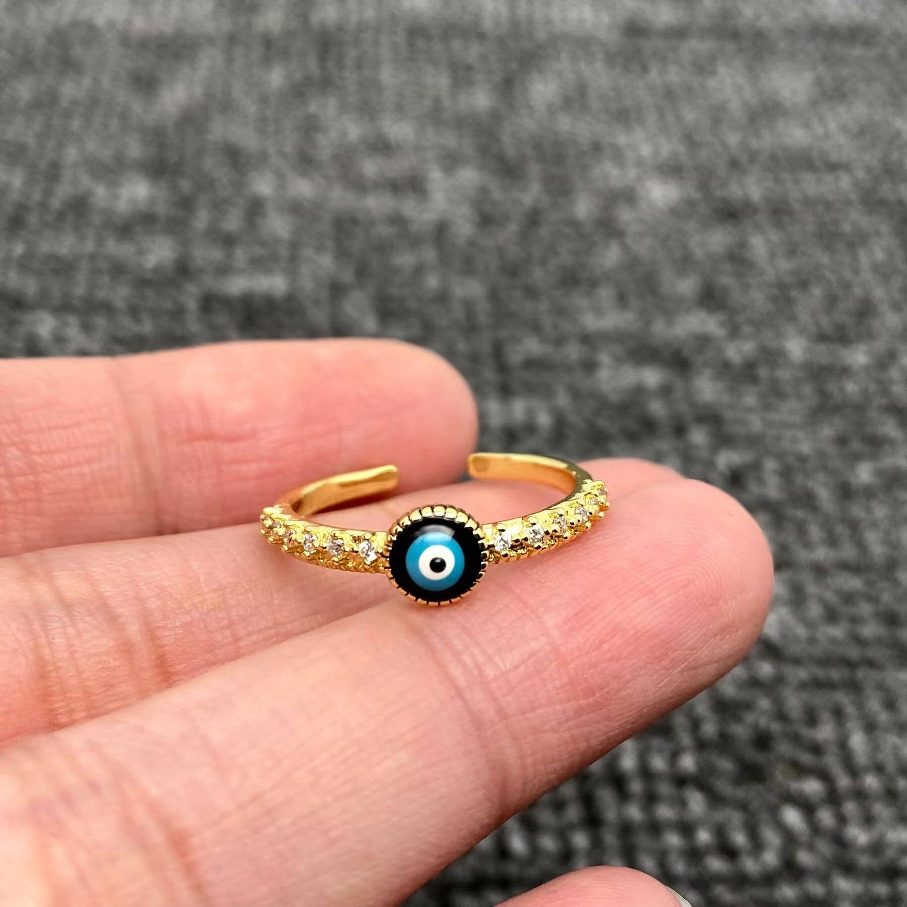 Mio Queena - Wholesale Cocktail/Statement Ring - Enamel Rhinestone Turkey Eye Evil Eye Golden Adjustable Rings6