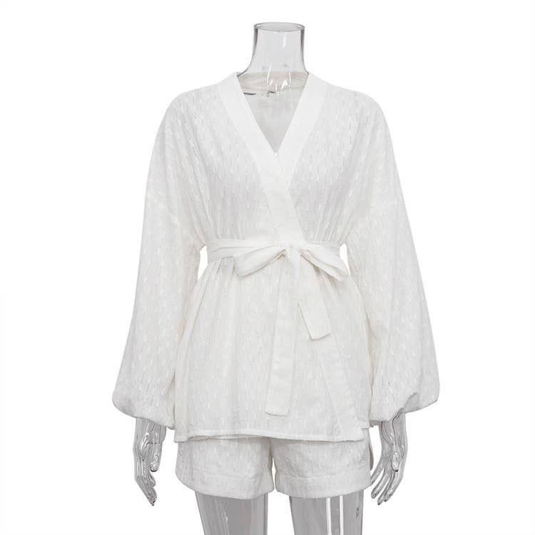 White Jacquard Weave Waisted Kimono Two Piece Set for wholesale on Faire2