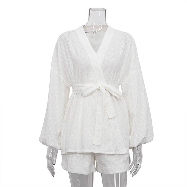 White Jacquard Weave Waisted Kimono Two Piece Set for wholesale on Faire2