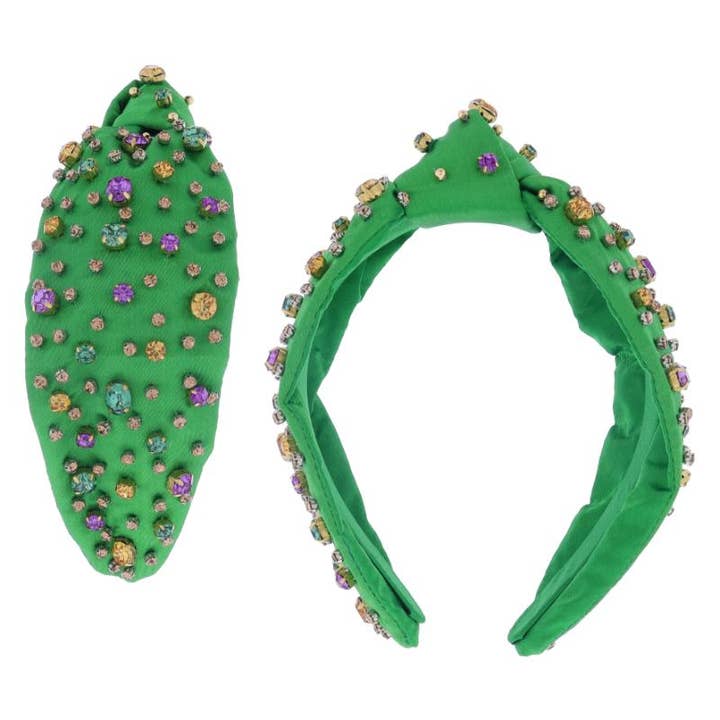Purple, Green, Gold Crystals on Green Knotted Headband for wholesale by Jane Marie