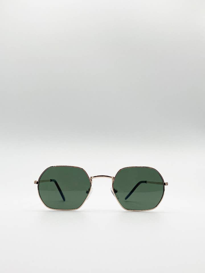 Metal Frame Hexagon Sunglasses In Gold Khaki for wholesale by AFA COLLECTIVE