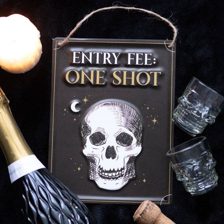 Something Different Wholesale - Wholesale Sign - Entry Fee One Shot Skull Hanging Metal Sign
