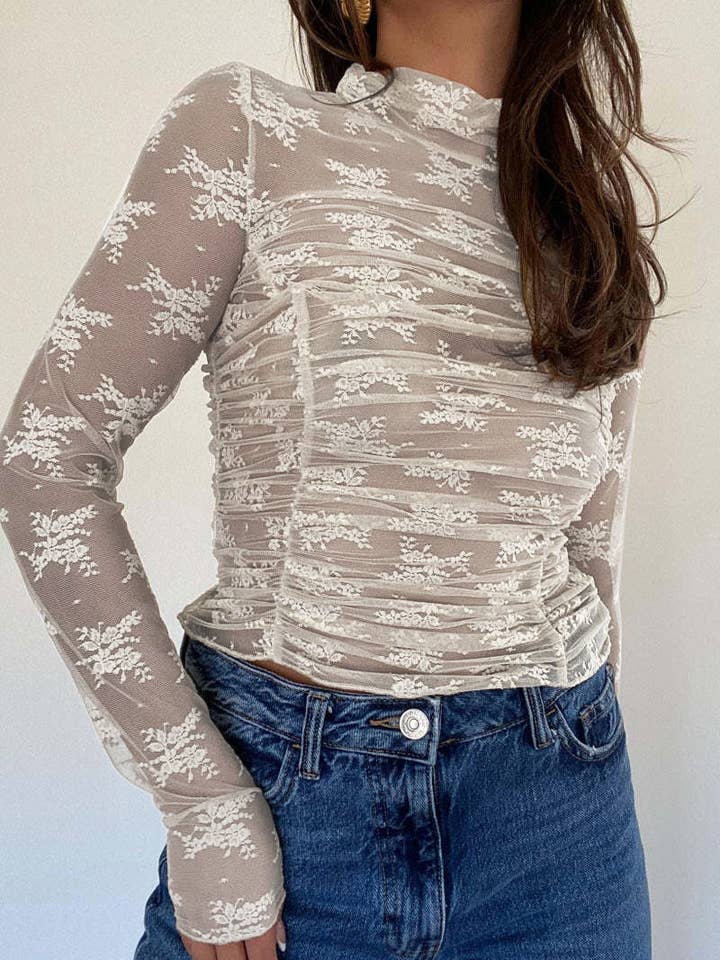 safistyle - Wholesale Blouse - Women's - Ruched Sheer Lace Long-Sleeve Top4