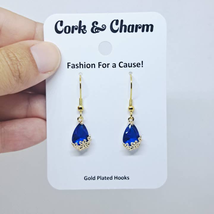 Royal Blue Teardrop Gold Plated Earring for wholesale by Cork and Charm