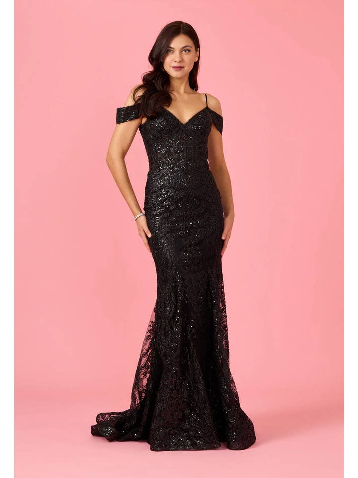 Kos Couture - Wholesale Gown - Women's - Off Shoulder Sequin Corset Formal Dress Gold