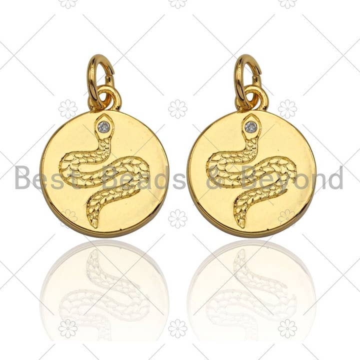 Dainty18k Gold CZ Micro Pave Snake Coin Charm, Gold Coin pendent, snake charm,12mm, sku#z1141 for wholesale by BestBeads&Beyond