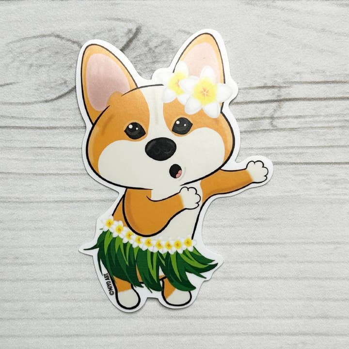 Aloha Thor Corgi Vinyl Sticker for wholesale by Miyo Art Design