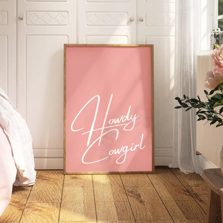 Howdy Cowgirl Pastel Pink Wall Art Prints for wholesale by Honey Coast Print Co.