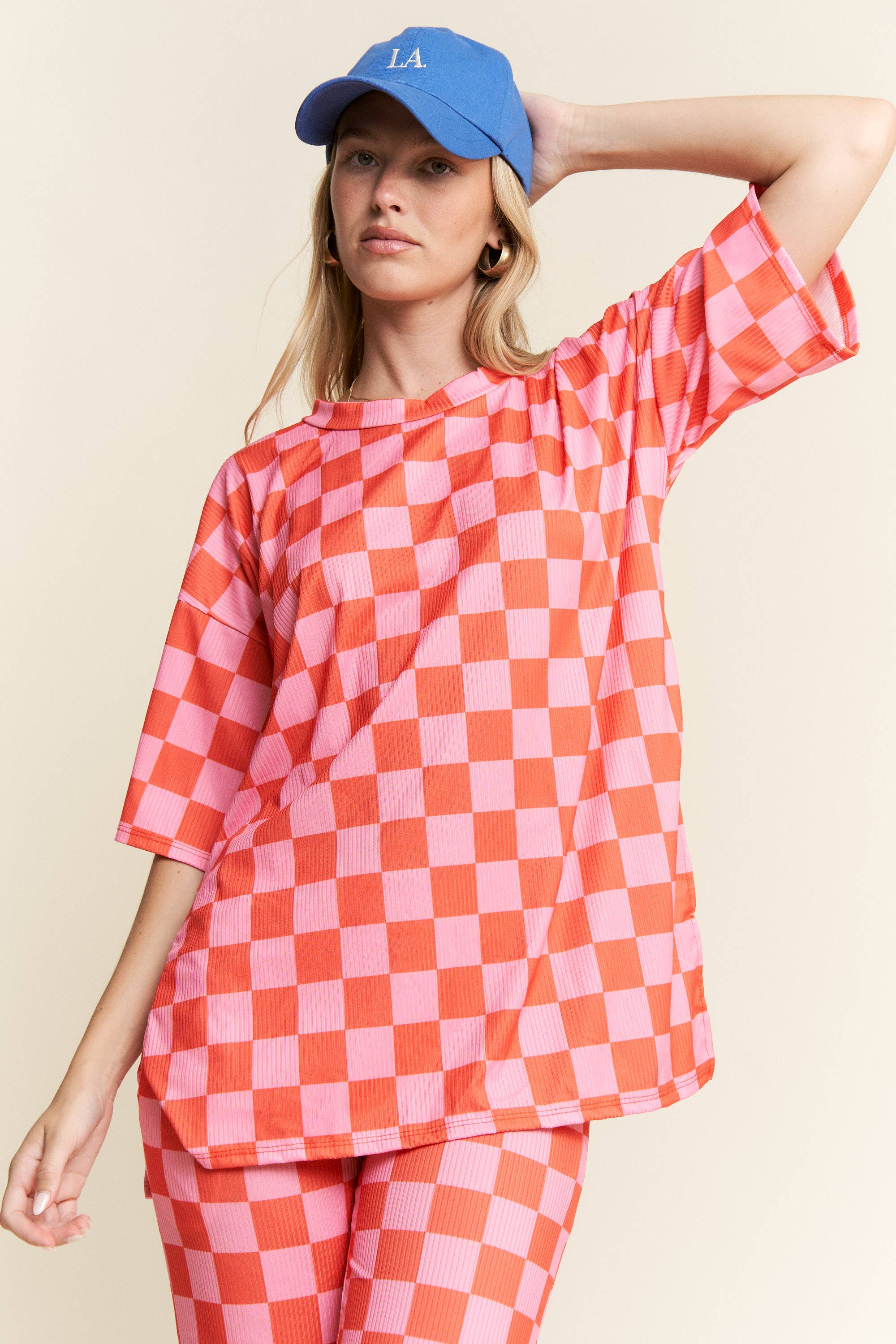 JADE BY JANE - Wholesale Lounge Set - Women's - RIBBED CHECKERED PRINT TOP/STRAIGHT LEG PANTS SET18