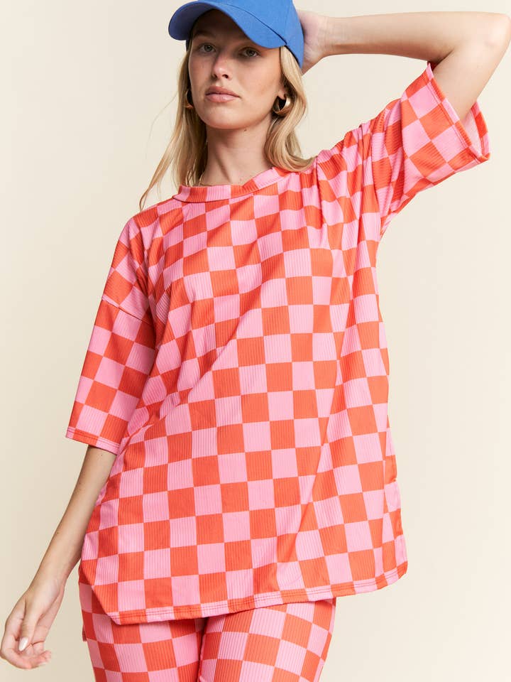 JADE BY JANE - Wholesale Lounge Set - Women's - RIBBED CHECKERED PRINT TOP/STRAIGHT LEG PANTS SET18