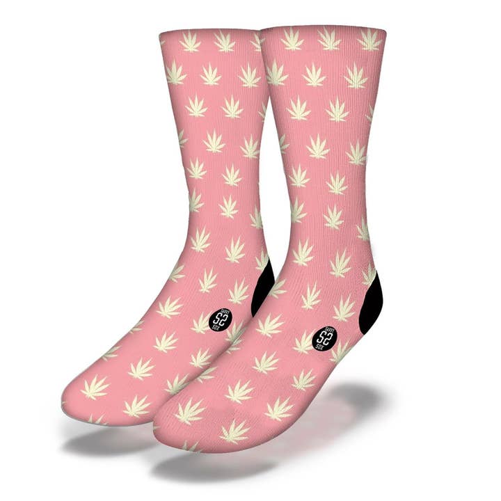 PINK POT LEAF PATTERN Fun Weed Socks for wholesale by Savvy Sox