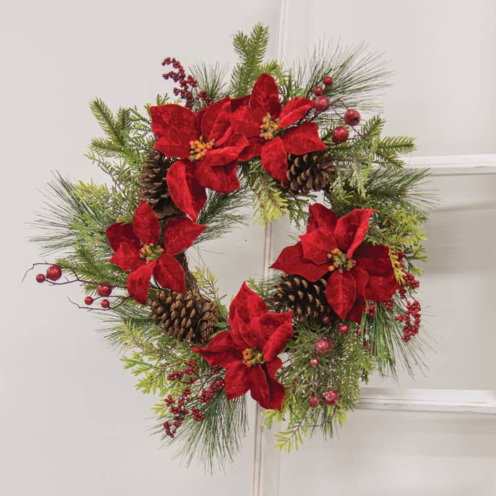 Saybrook Lane – wholesale Wreath – Winter Party Poinsettia & Pine Wreath, 24"1