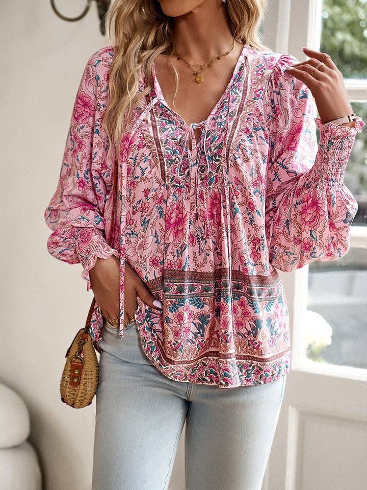 Printed Shirt V-Neck Long Sleeve Top for wholesale by Hope & Sunshine