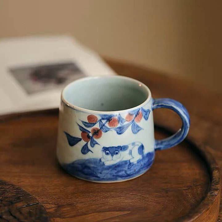 Gohobi Hand-painted Ceramic Cat & Persimmon Mug for wholesale by Gohobi (We cover U.S. import duties)