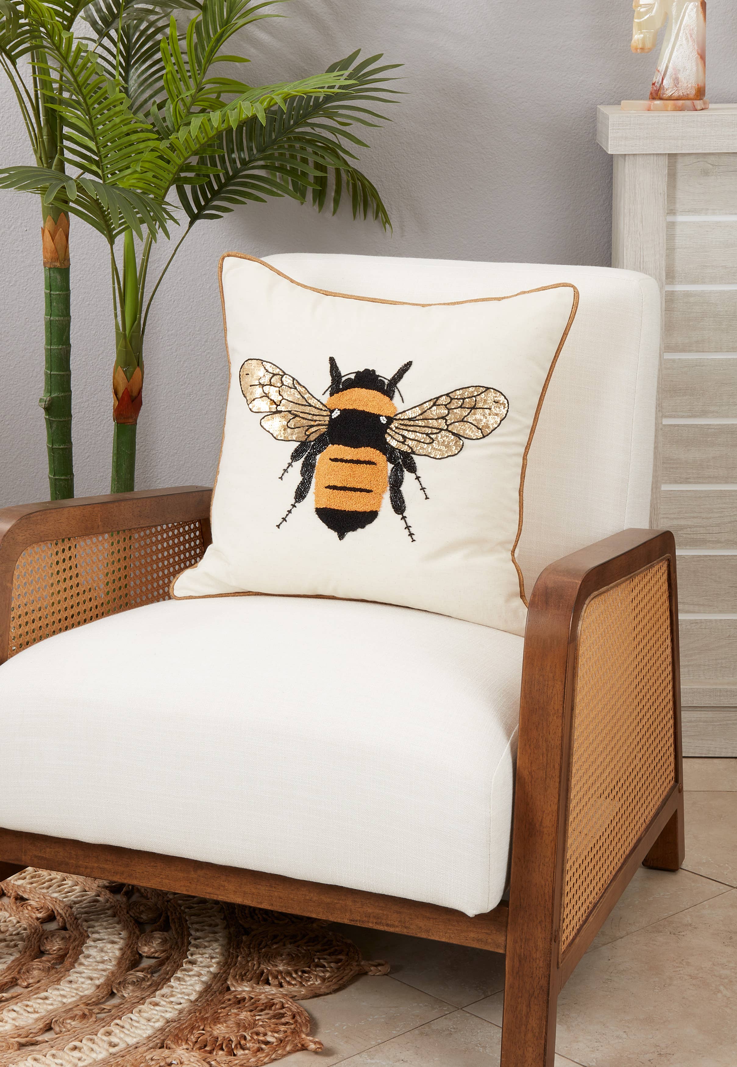 Natural Embroidered Bumble Bee Pillow for wholesale on Faire2