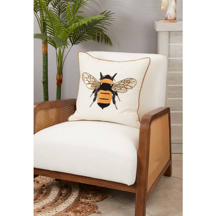 Natural Embroidered Bumble Bee Pillow for wholesale on Faire2