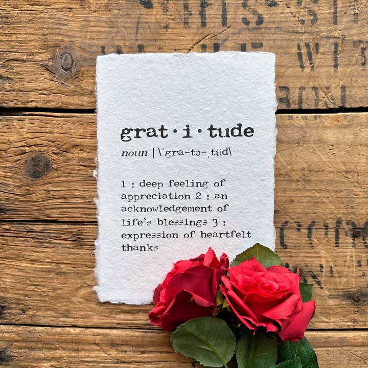 gratitude definition print on handmade paper for wholesale by Alison Rose Vintage