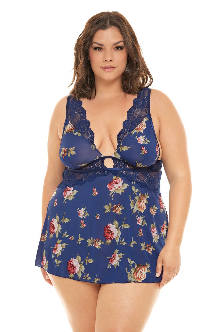 Estate Blue Scattered Ros NAEVA SATIN FLORAL BABYDOLL for wholesale on Faire2