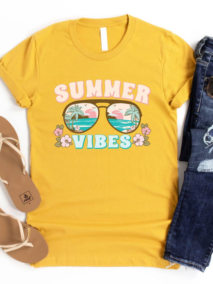 Tickled Teal - Wholesale T-Shirt (Graphic) - Women's - Summer Vibes Sunglasses Graphic Tee