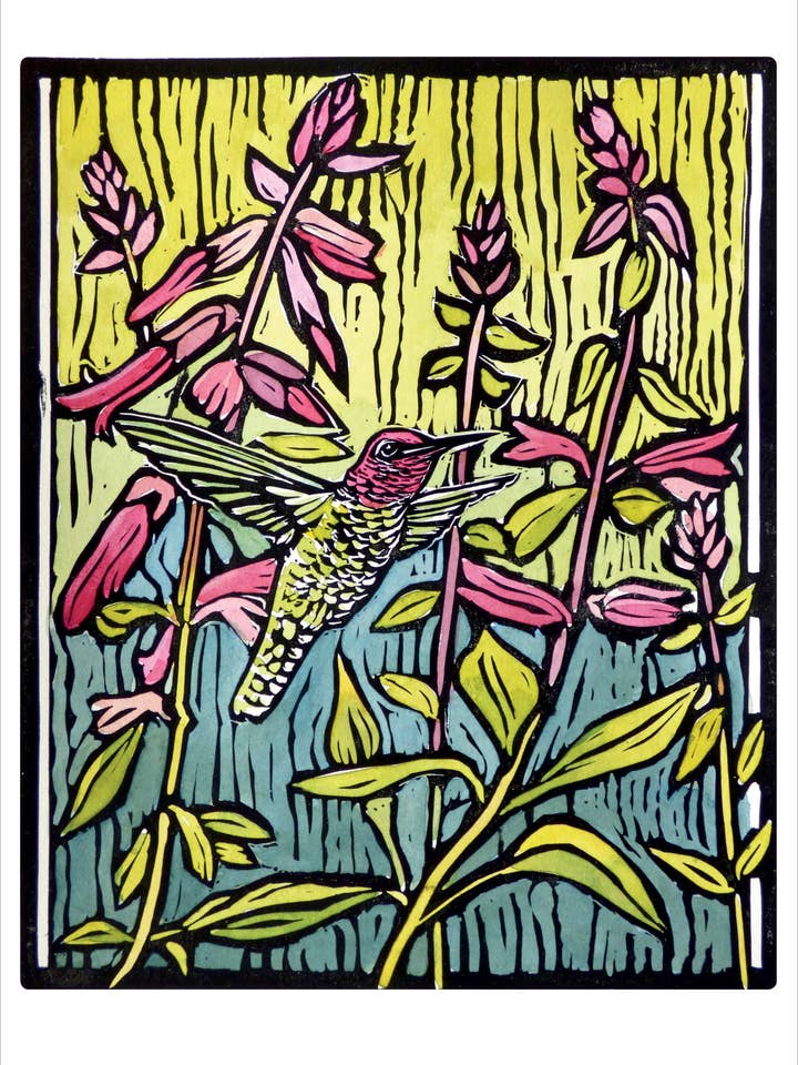 Molly Hashimoto: Anna's Hummingbird & Salvia Birthday Card for wholesale by Pomegranate