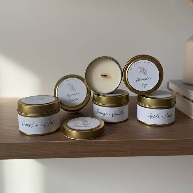 Velas de Lata de Oro Listas para Vender (4 oz) | Cera de Soja de Etiqueta Blanca para venta al por mayor de Wow Just Wow Candle Co