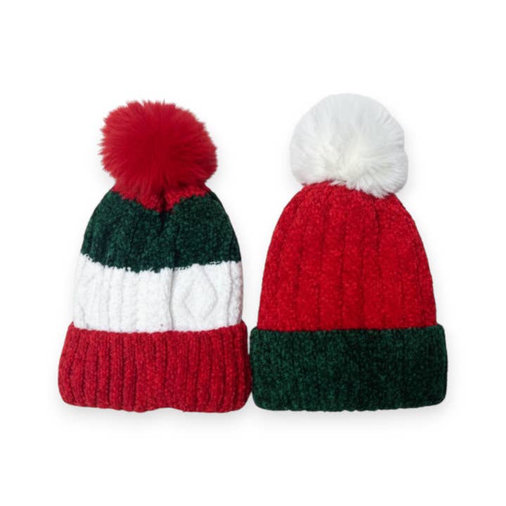 Chenille Christmas Color Holiday Pompom Beanie Set for wholesale by LA Jewelry Plaza
