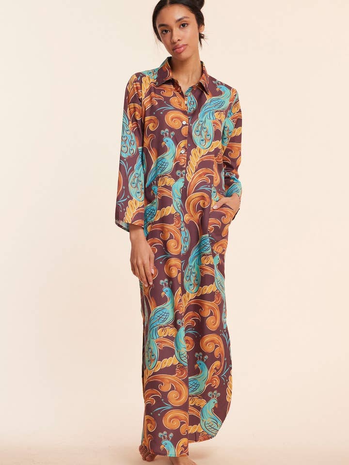 ModaPosa - Wholesale Kaftan - Women's - Gabriella Plum Aqua Peacock Fall Resort Maxi Caftan Dress