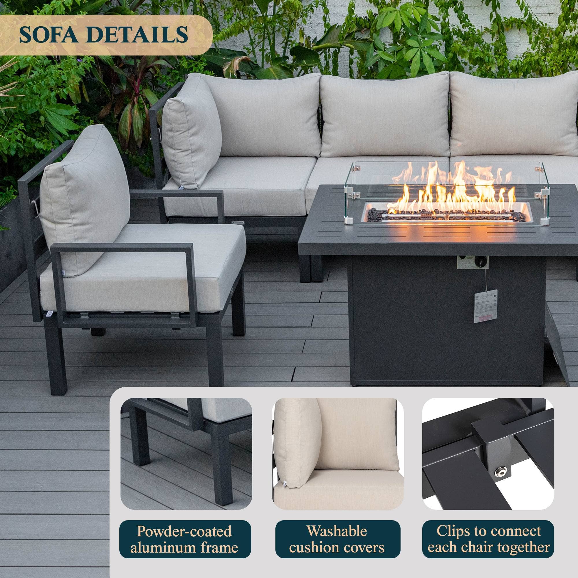 LeisureMod - Wholesale Patio Set - Chelsea 7-Piece Patio Sectional Set with Fire Pit Table66