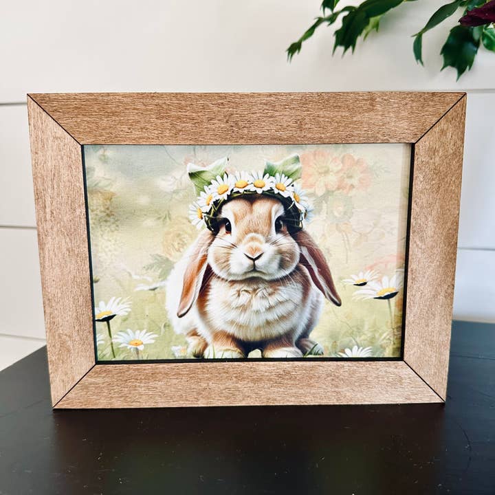 8.5x6.5” Framed Bunny with Daisy Crown for wholesale by Farmhouse Decor & Co.