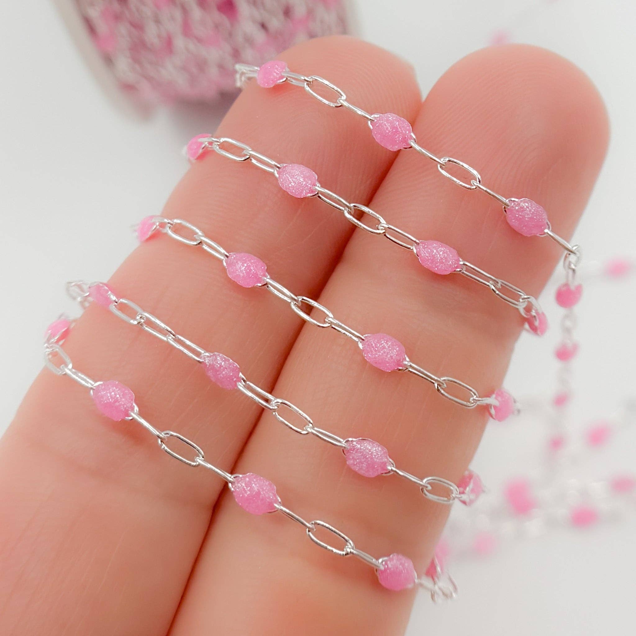 Tresor Jewelry Inc. - Vente Collier maille et chaîne - V250RSSS. Chaîne à maillons en argent sterling couleur rose avec émail pailleté0