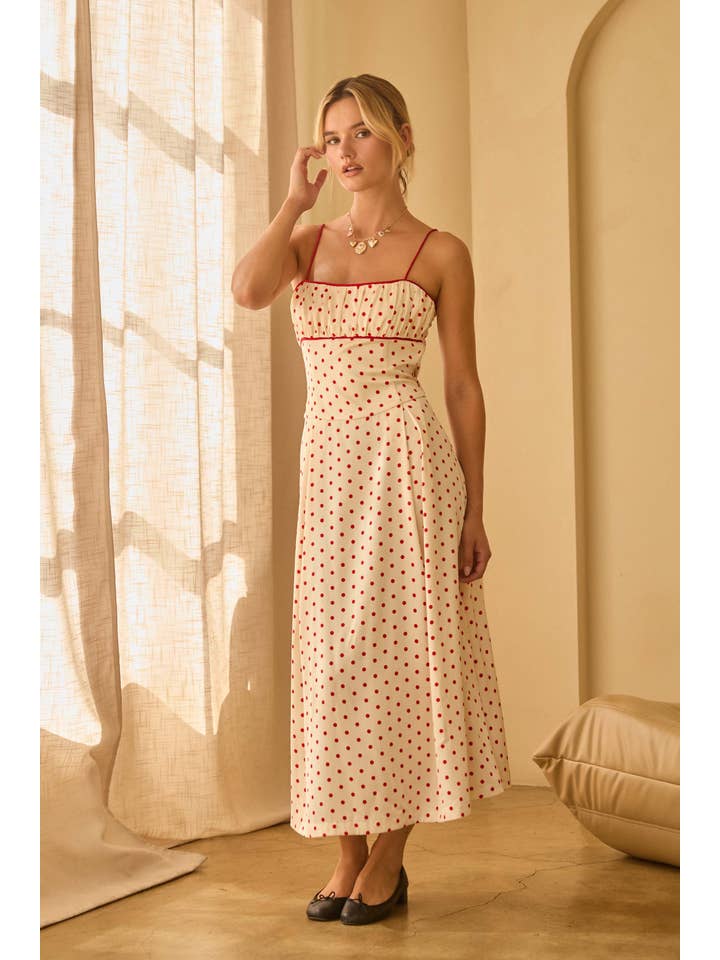 Weiß-Rot Ärmelloses Midikleid mit Polka-Dots und kontrastierenden Paspeln für den Großhandel auf Faire