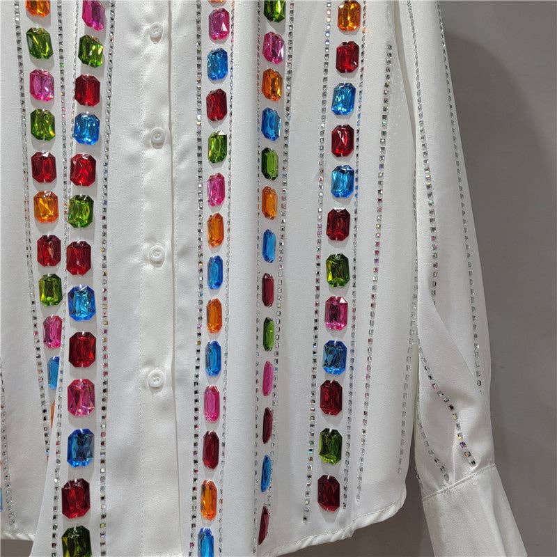 Sanyao Fashion - Wholesale Overhemd met knopen - Dames - M244 Glam Gestreepte Rhinestone Blouse met Handgemaakte Glans5