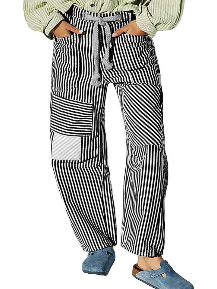 Dipped Shop - Wholesale Pants – Women's - Casual Splice Striped Drawstring Wide Leg Pants DP25D9191