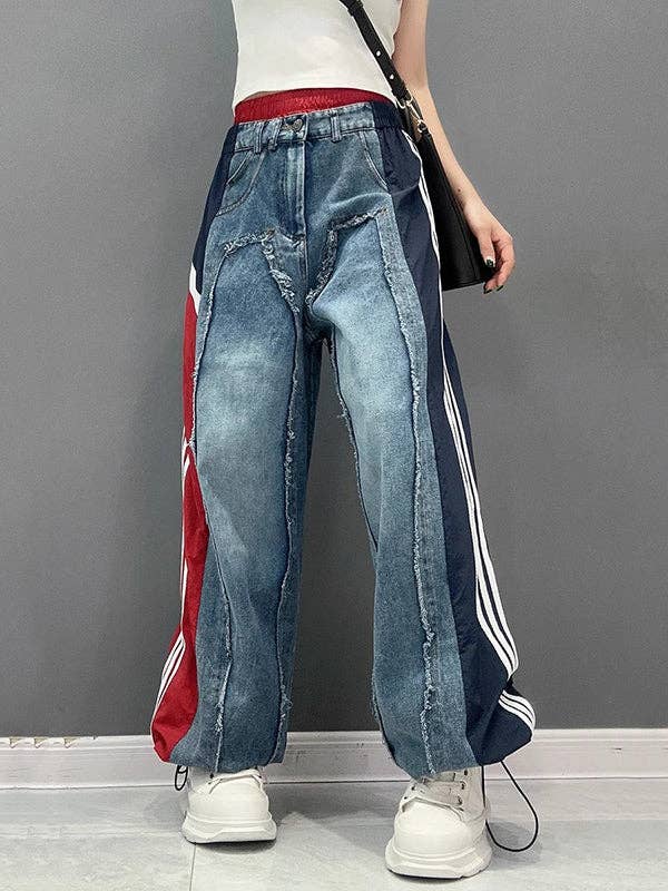 VividLux - Wholesale Jeans - Women's - Loose Wide Leg Contrast Color Drawstring Elasticity Fringed Split-Joint Jean Pants Bottoms6