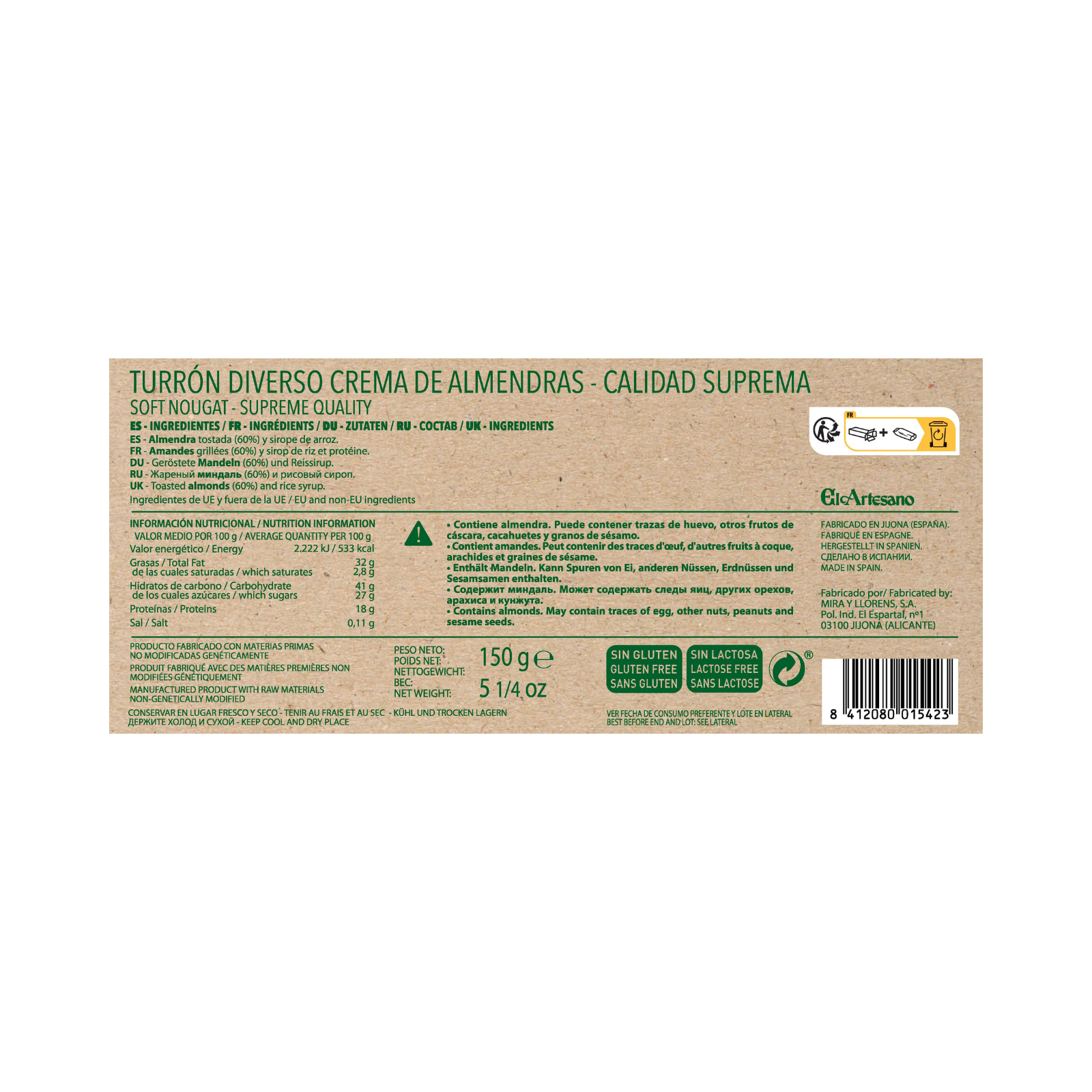 El Artesano - Wholesale Nougat - Artisan Almond Cream Nougat 150g - Suitable for Vegans-1