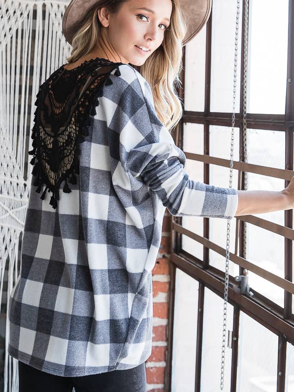 Casual Checkered Lace-Trim Knit Cardigan T4244 for wholesale by 7th Ray