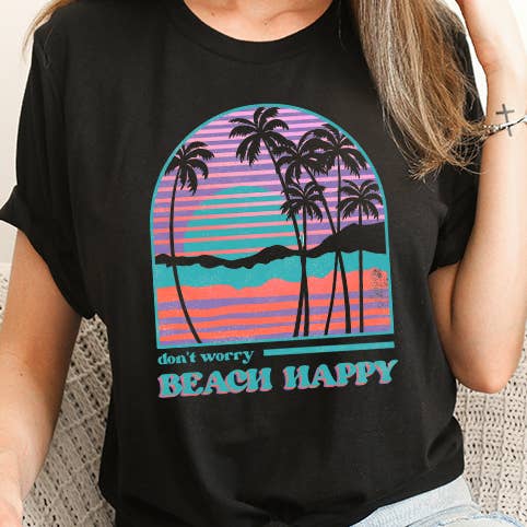 Don't Worry Beach Happy Palm Trees Graphic Tee for wholesale by Select Apparel