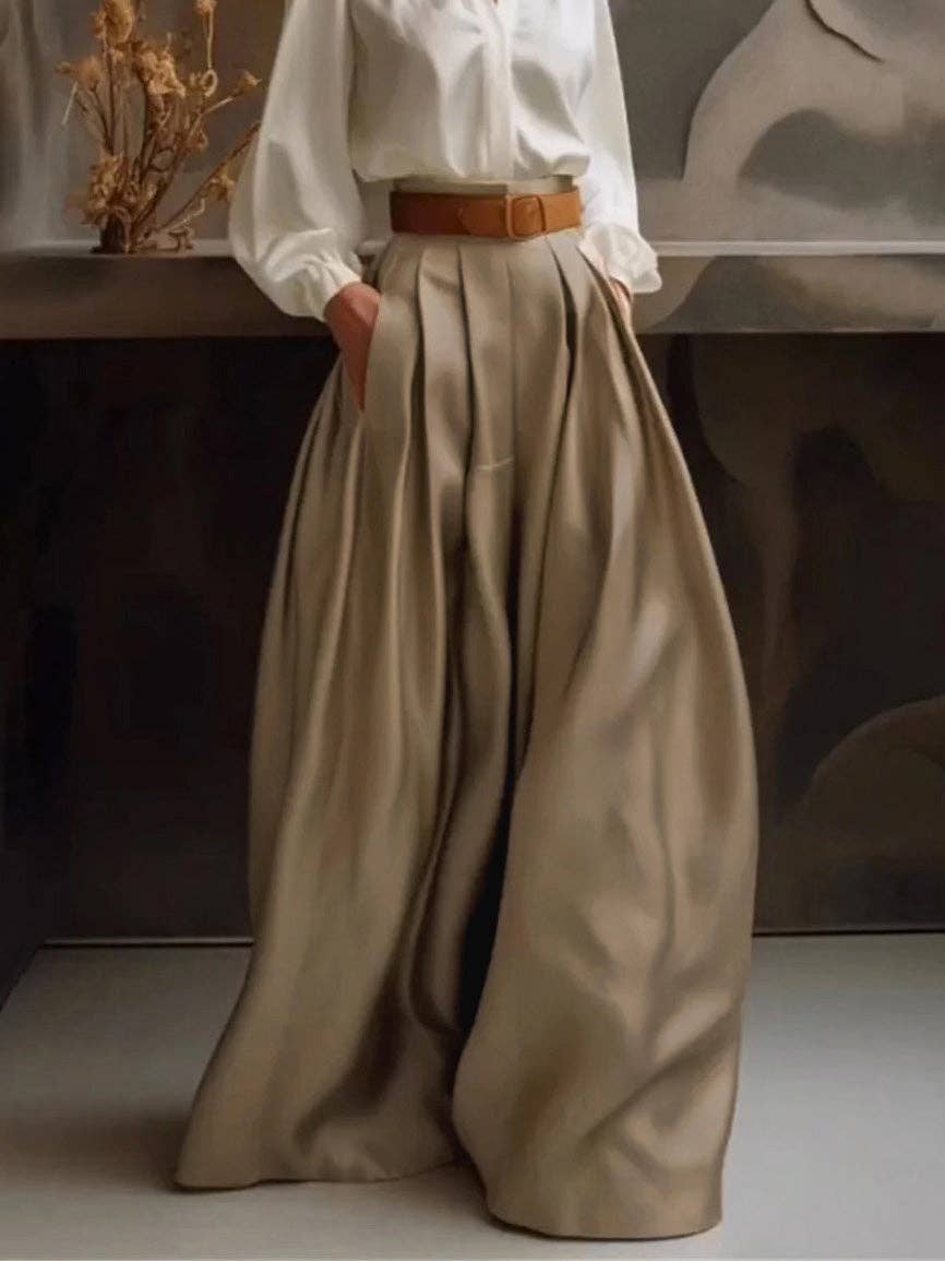 KHAKI Loose Wide Leg Solid Color Casual Pants Bottoms Trousers for wholesale on Faire2