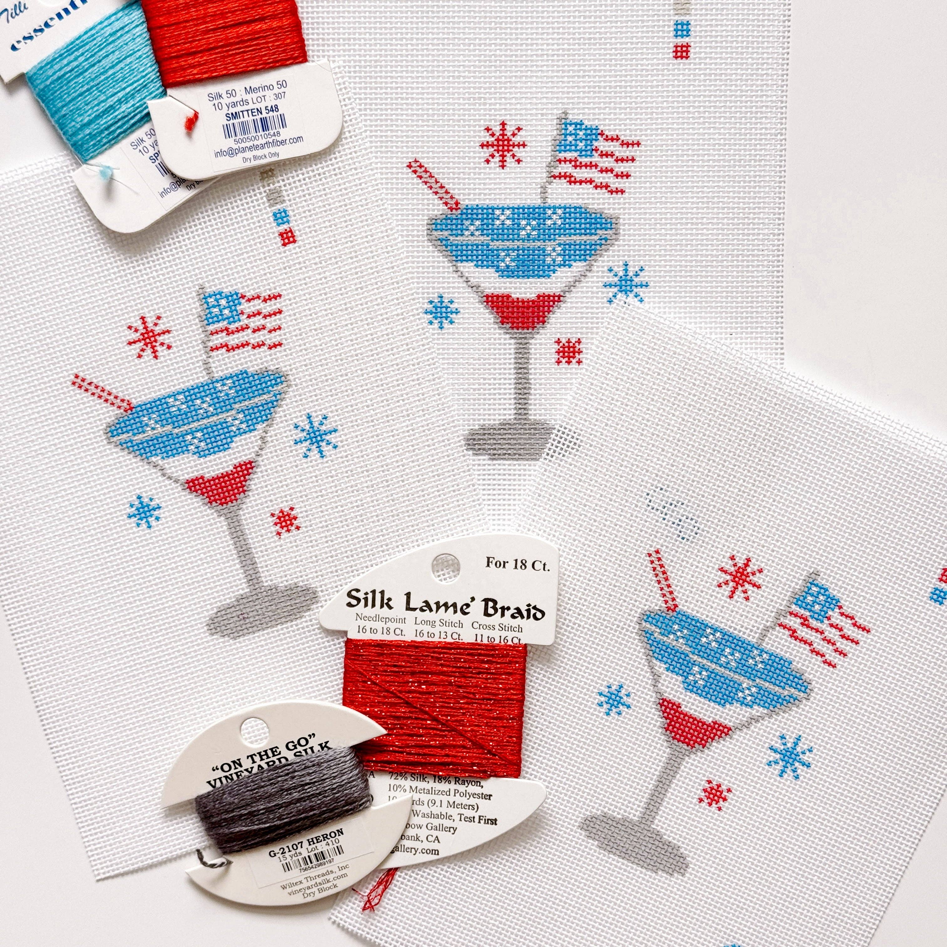 Cotswold Co Designs - Wholesale Embroidery/Cross Stitch Supplies - Patriotic Martini Needlepoint Canvas, Hand Painted, 18 Mesh, 2.5"x3" Design3