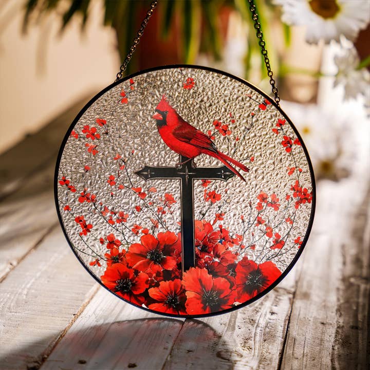 Cardinal & Cross Stained Glass Suncatcher, Sympathy Gift for wholesale by TMLECOM LTD