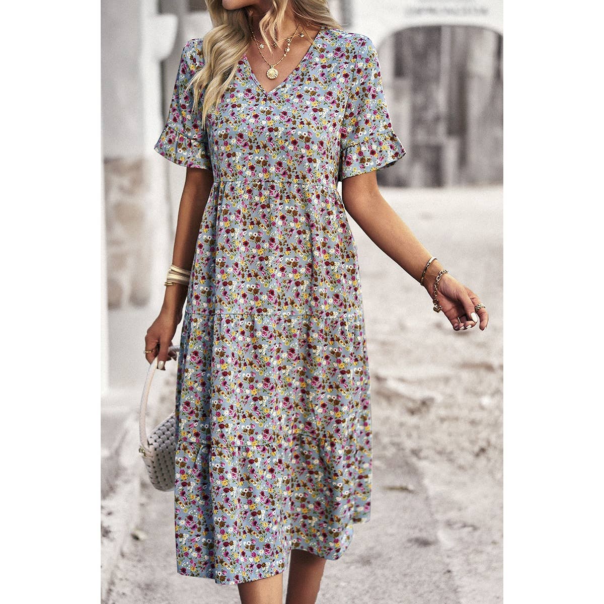 Supreme Fashion – wholesale Dress – Women's – Boho Floral Ruffle Hem V Neck Short Sleeve Dress12