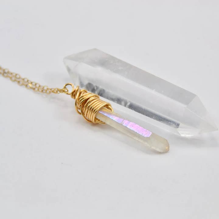 Gold Filled Wrapped Angel Aura Quartz Necklace for wholesale by Daddy Daughter Jewelry
