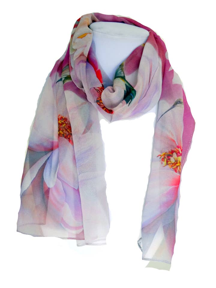 Hummingbird Silk Scarf - Peony Silk Scarf - Rose - Sheer for wholesale by Silk Squirrel