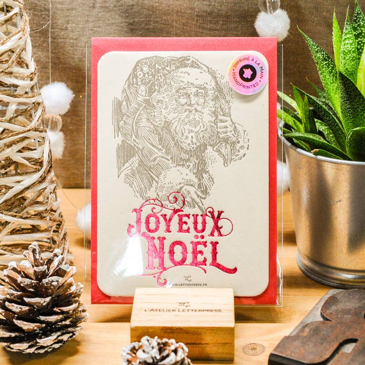 Letterpress Greeting Card Joyeux Noël Santa Claus, red (env) for wholesale by L'Atelier Letterpress