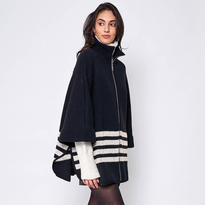 Sensibling Corp. - Wholesale Poncho - Women's - Sporty Bordered Zip Up Knit Cape Poncho2