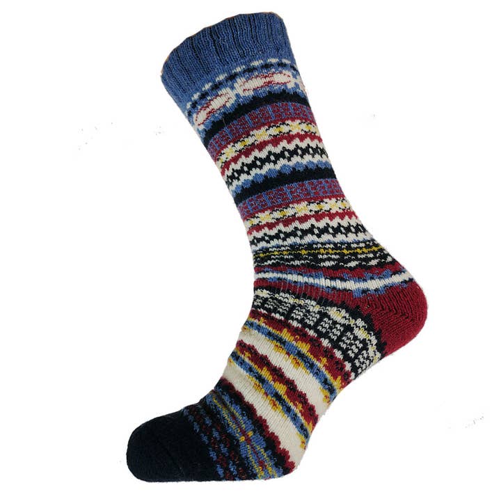 Chaussettes en mélange de laine à motif nordique bleu et bordeaux pour la vente par GEMJAR LTD