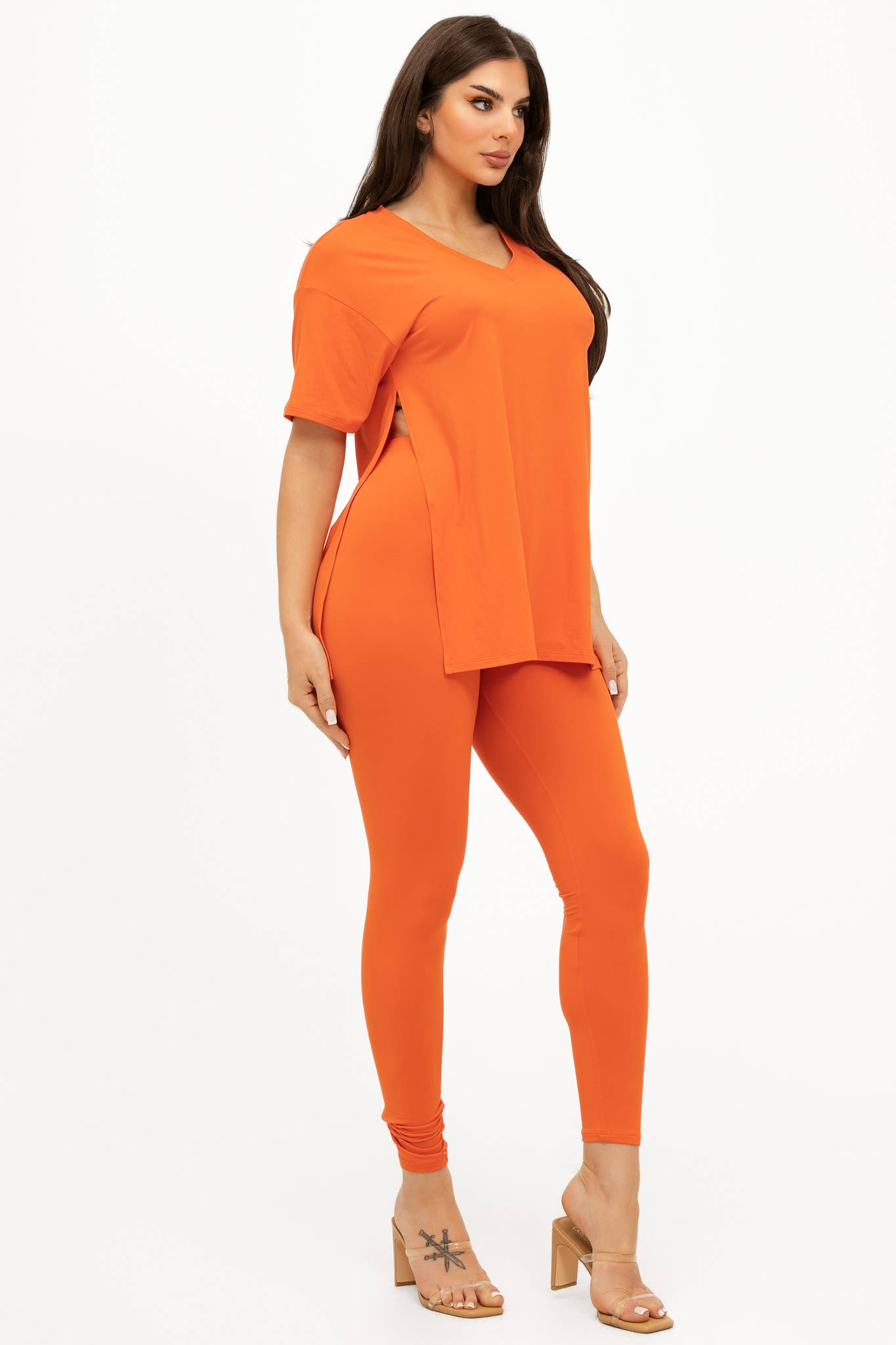 Julia by LoveJ - Wholesale Top & Pant Set (NOT Loungewear) - Women's - V Neck Side Slits Basic Top And Leggings Set15