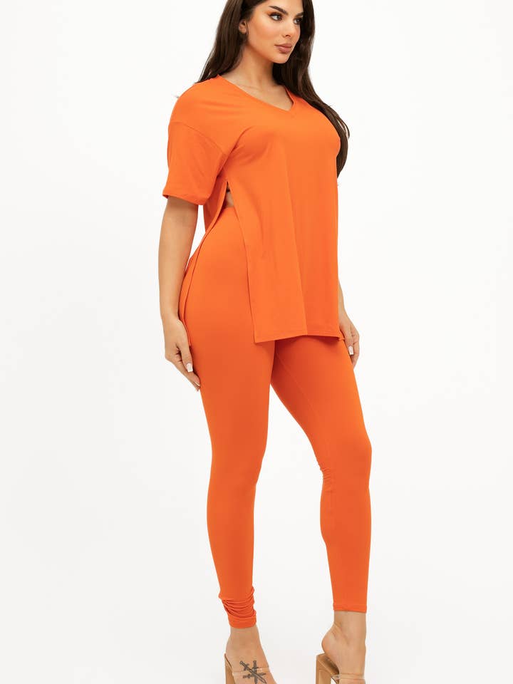 Julia by LoveJ - Wholesale Top & Pant Set (NOT Loungewear) - Women's - V Neck Side Slits Basic Top And Leggings Set15