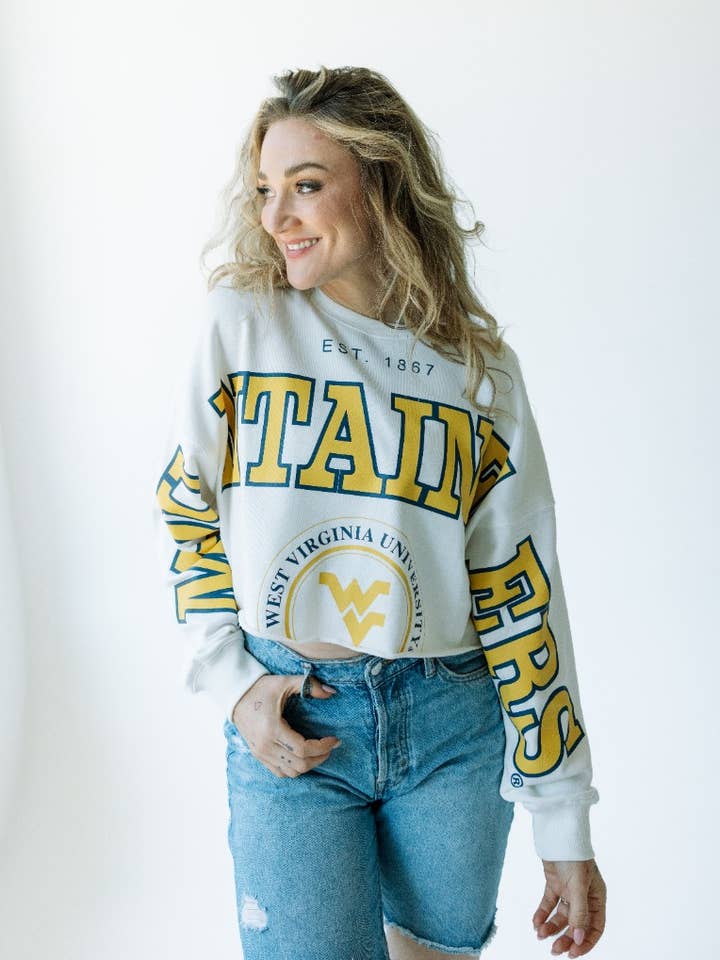 West Virginia Phipps Split Cropped Longsleeve for wholesale by Gameday Social Apparel Co.®