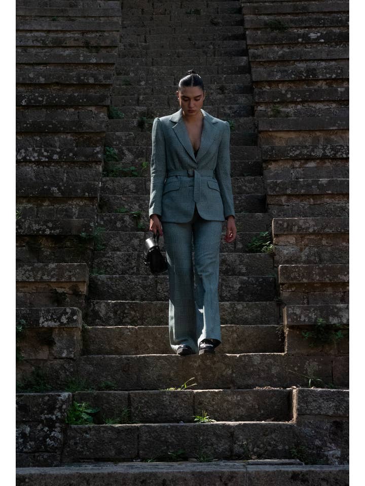 IO DREAMS - Venta al por mayor Pantalón de vestir - Mujer - Pantalón culotte ancho de cuadros vichy en verde agua con ti